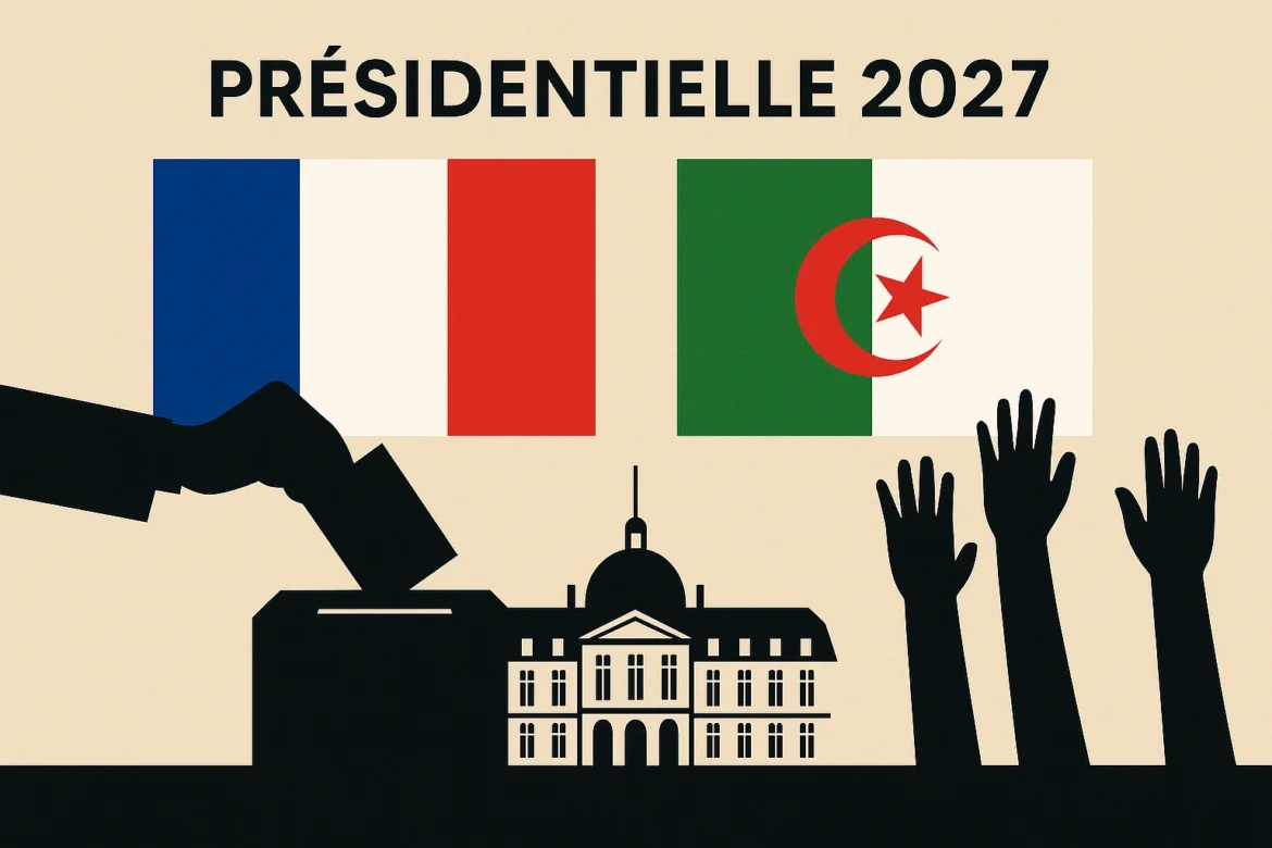 Présidentielle 2027 France Algérie : levier électoral 17 Sur fond beige, deux drapeaux rectangulaires se font face : à gauche, le drapeau français bleu-blanc-rouge ; à droite, le drapeau algérien vertical vert-blanc avec croissant et étoile rouges centrés. Sous les drapeaux, une main glisse un bulletin dans l’urne, l’Élysée se dresse au centre, et, à droite, des mains levées incarnent la participation de la diaspora à la présidentielle 2027 France Algérie.